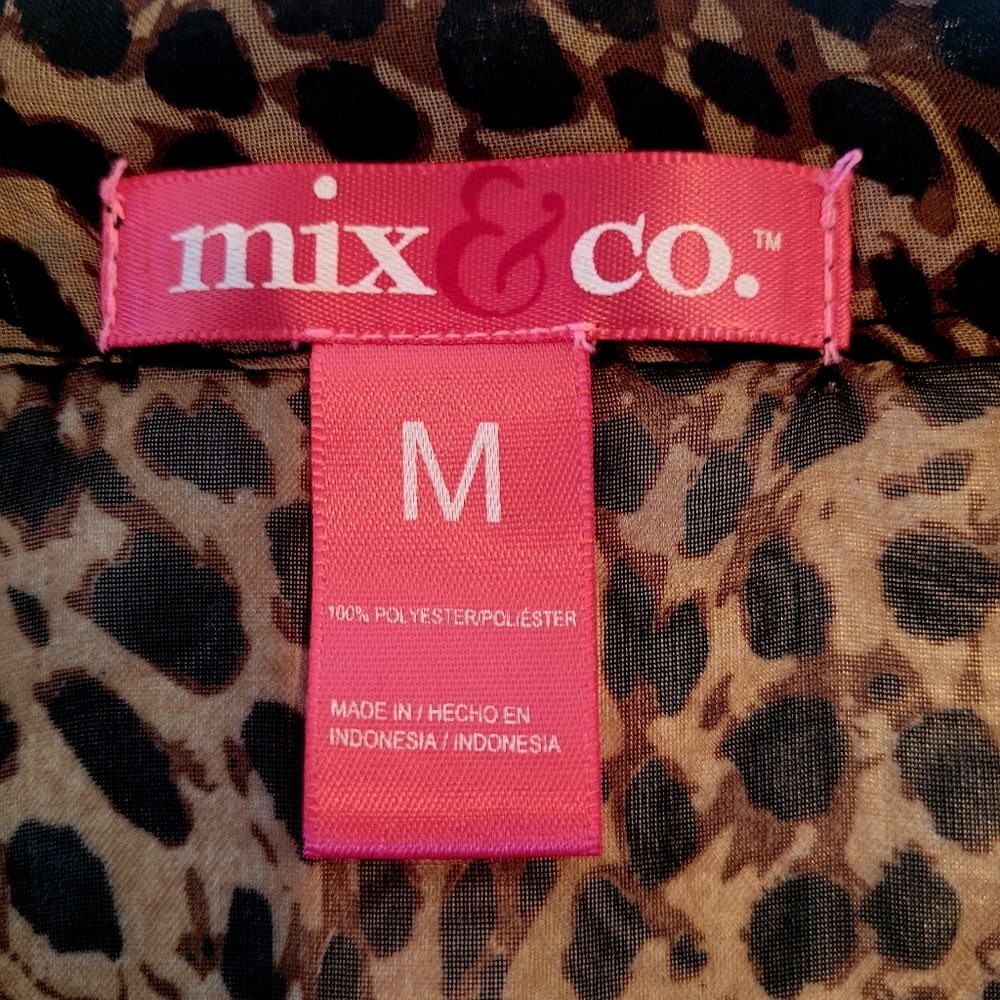 Sheer Animal Print V-Neck Blouse with Mandarin Collar. By Mix & Co. Size Medium - Picture 8 of 9
